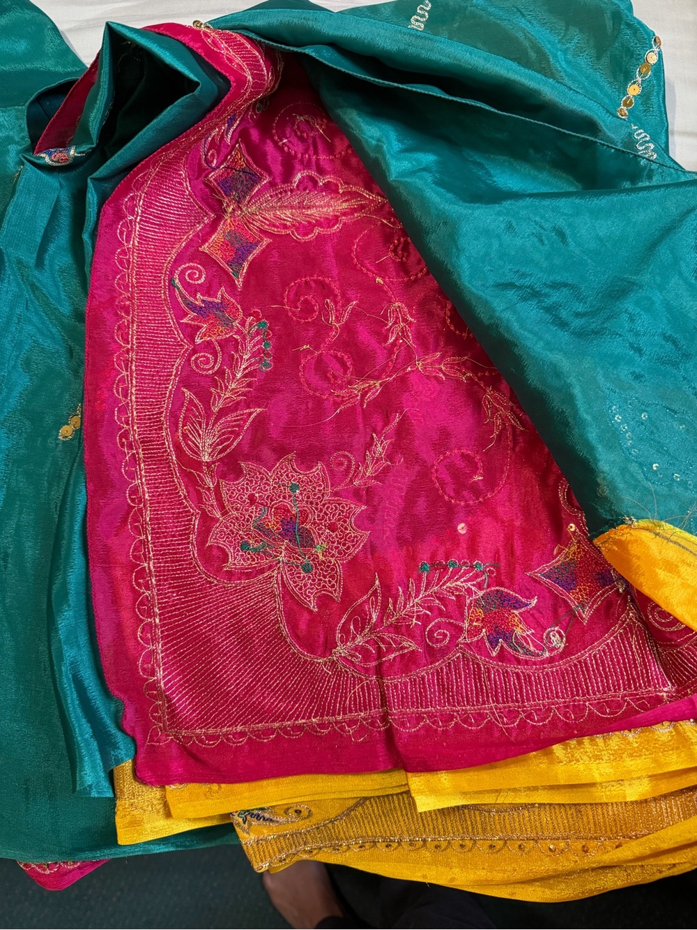 Embroidered and Sequined Teal & Fuchsia Women's Silk Saree